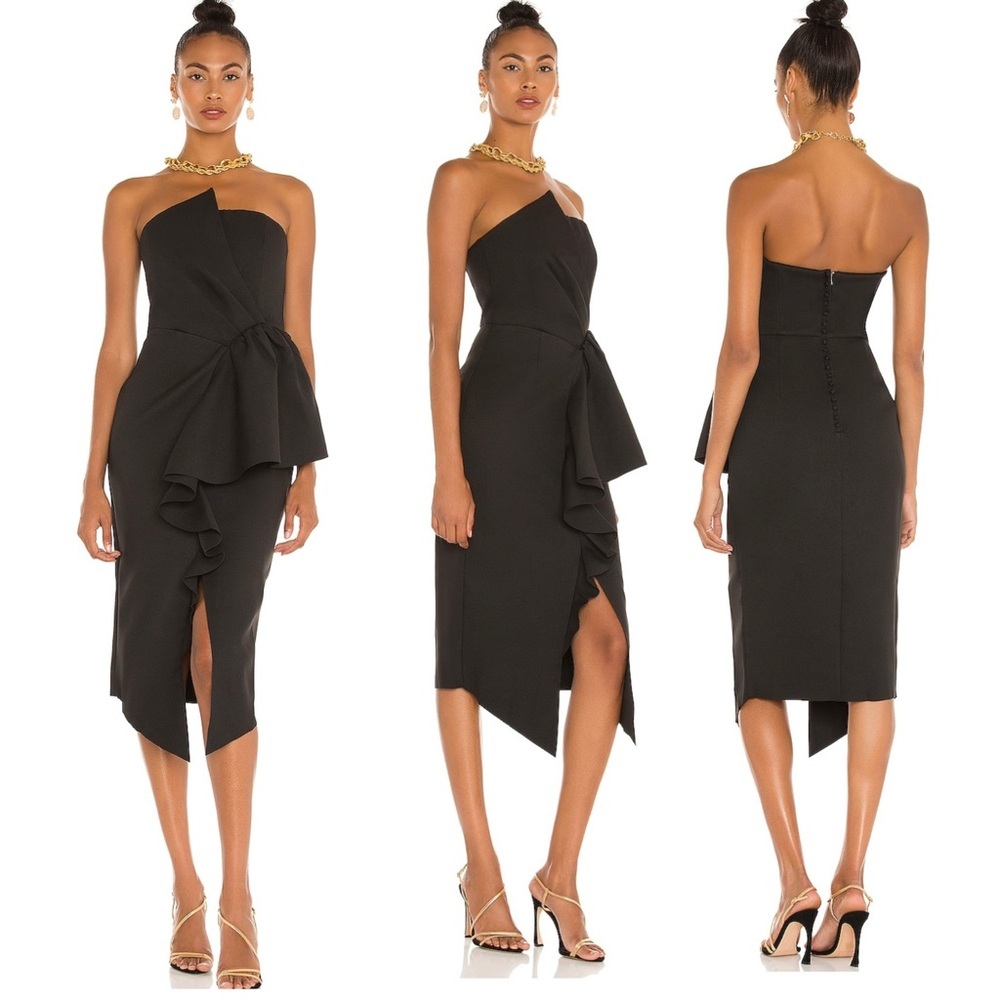 Elliatt Reception Women’s Strapless Ruffled Sheath Midi Cocktail Dress NEW